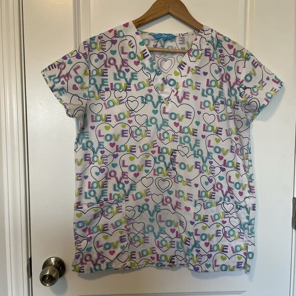 JDM Uniforms Tops - JDM Uniforms Women's Size S Scrub Top Love Heart Print Valentines White Pink